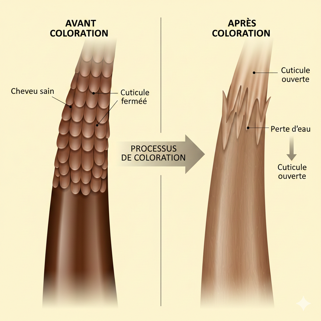 Cheveu avant et après coloration : ouverture de la cuticule et perte d'hydratation