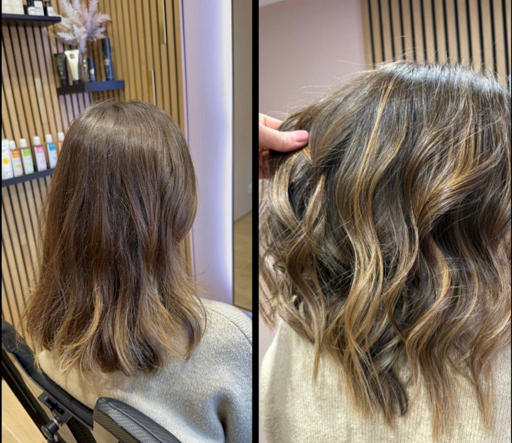 Balayage sur mesure de votre coiffeuse à Besné – avant après salon privé Mimicoiff